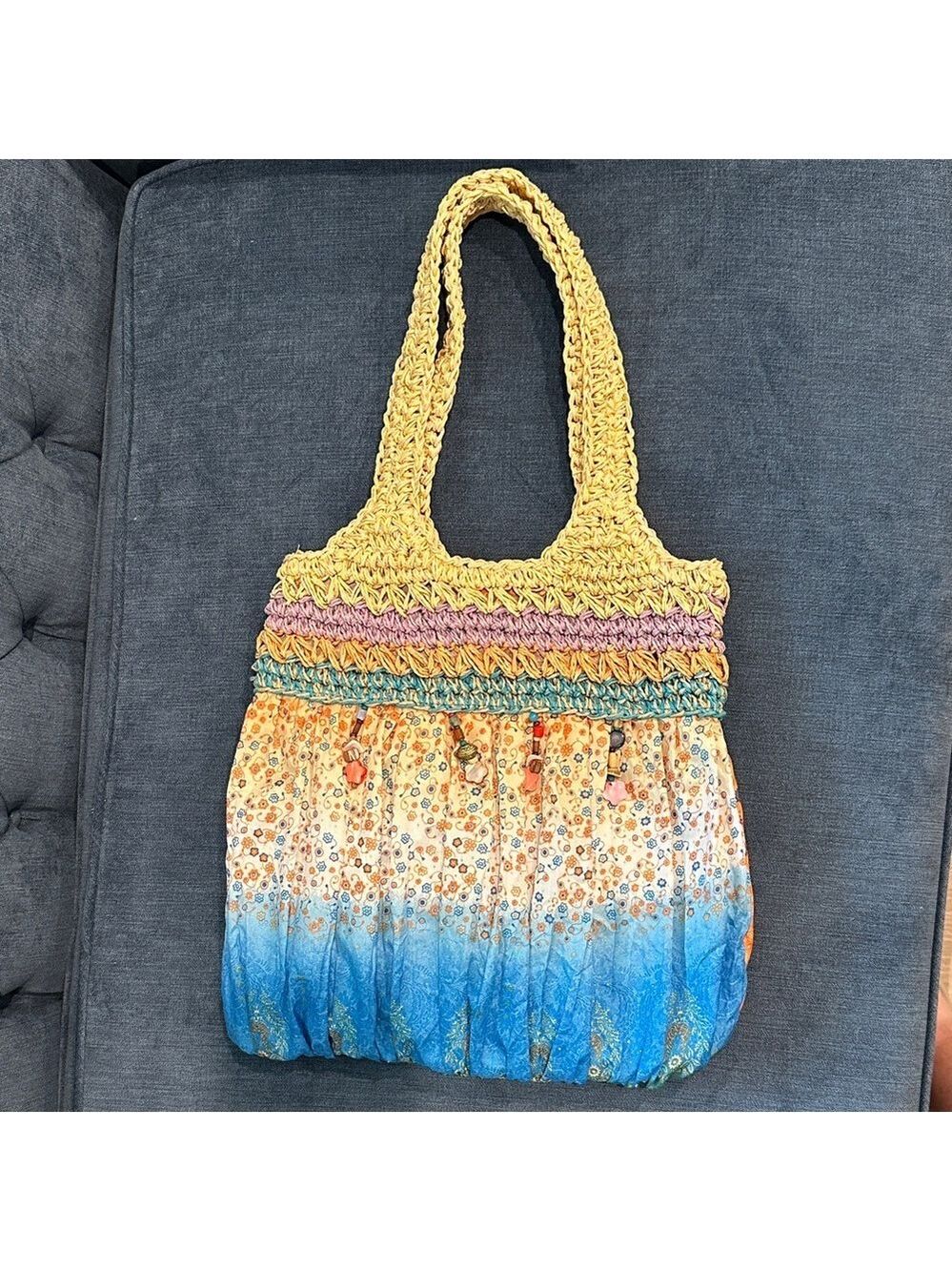 Cappelli Straworld Multicolor Crochet and Fabric Tote Bag, Beaded tassels